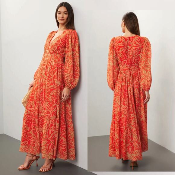 TOCCIN X RTR V-Neck Red and Orange Printed Maxi Dress - Size 12 - Picture 1 of 9